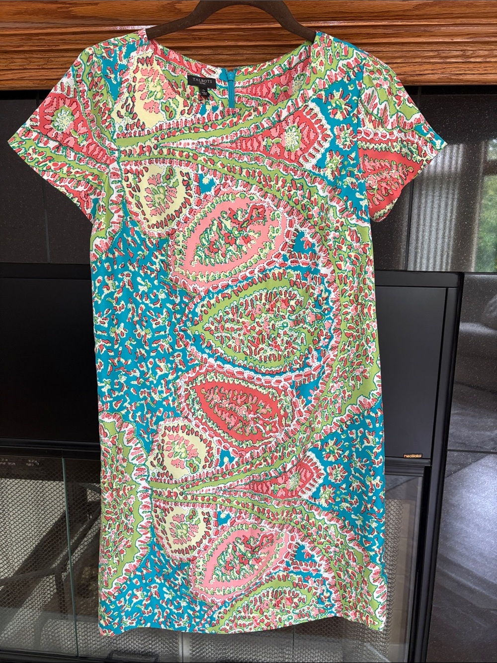 NWT Talbots petite Coral, Teal & Lime Paisley Shift Dress short sleeve 4P